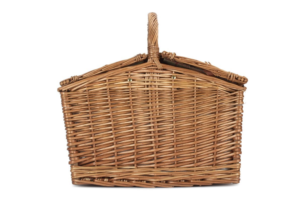 2 Person Green Tweed Double Lidded Picnic Hamper showing the woven willow basket shape and upright carry handle