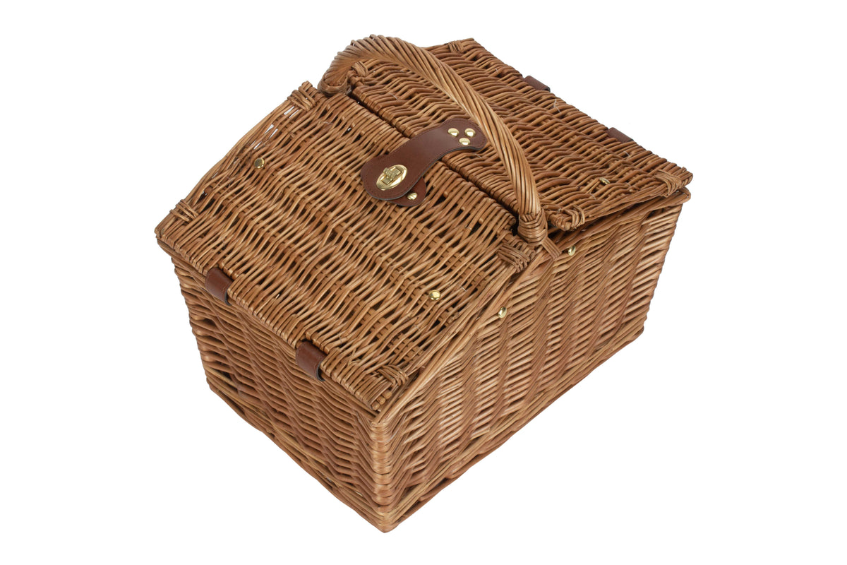 2 Person Green Tweed Double Lidded Picnic Hamper viewed from above showing its two hinged willow lids and leather fastenings