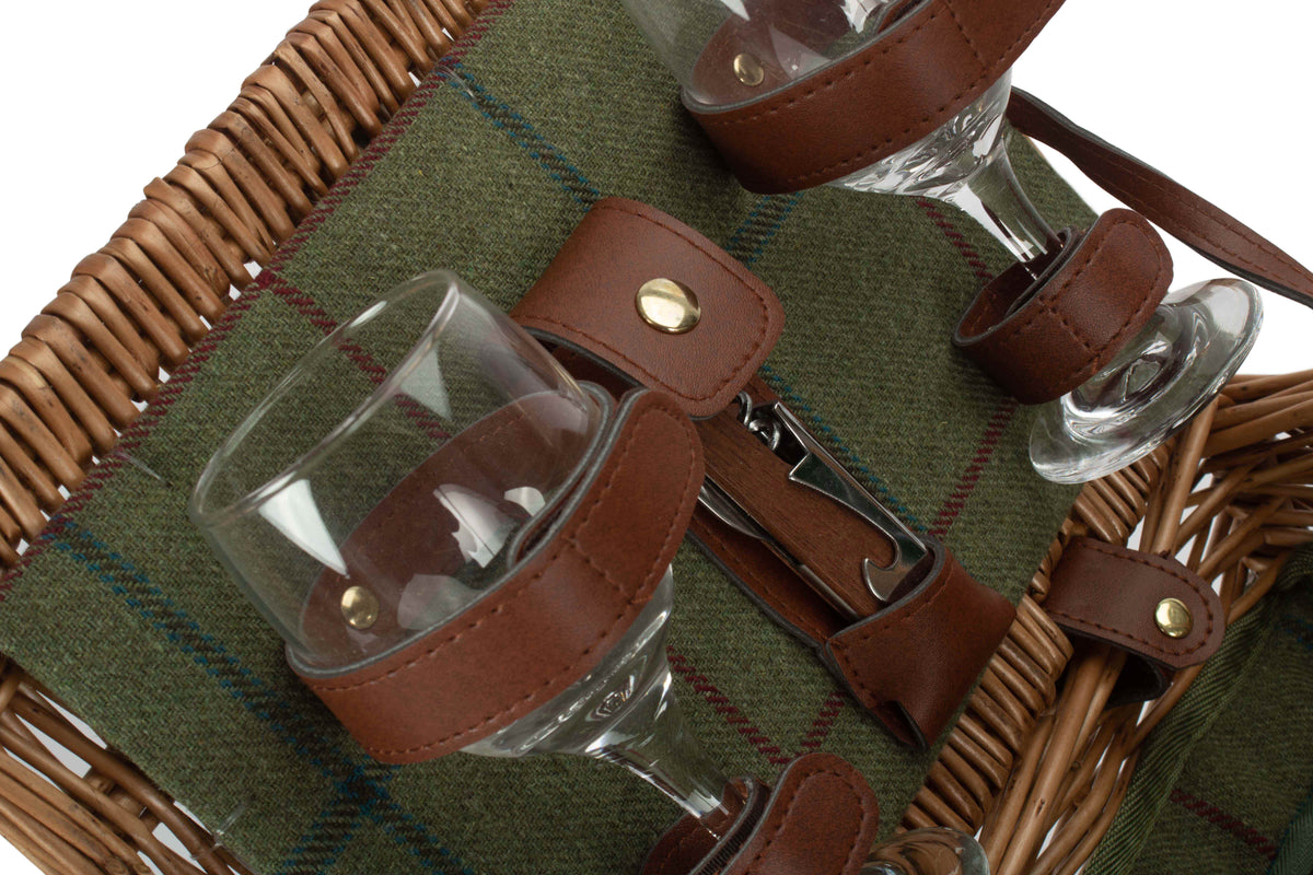 2 Person Green Tweed Double Lidded Picnic Hamper showing a close-up of the green fabric picnic accessory and fastening straps