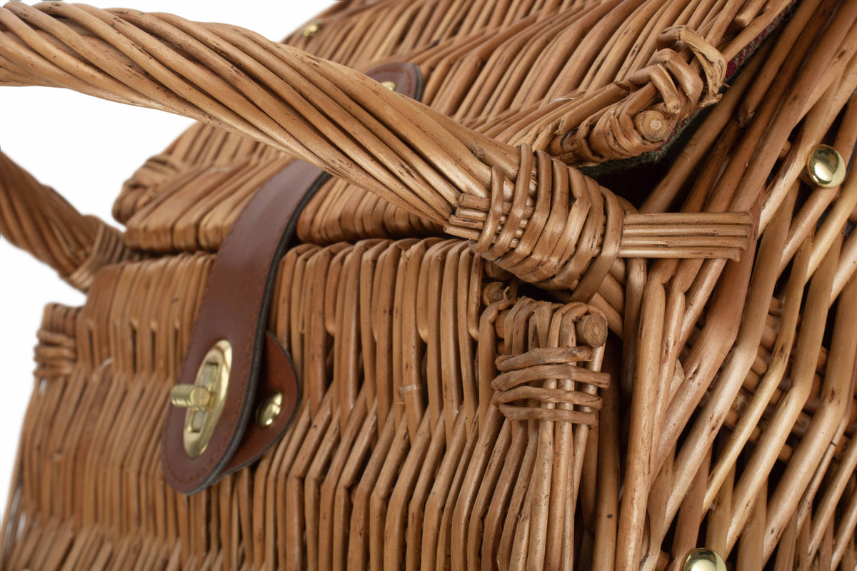 2 Person Green Tweed Double Lidded Picnic Hamper close-up of traditional willow weaving, tan faux leather fittings and basket fastening