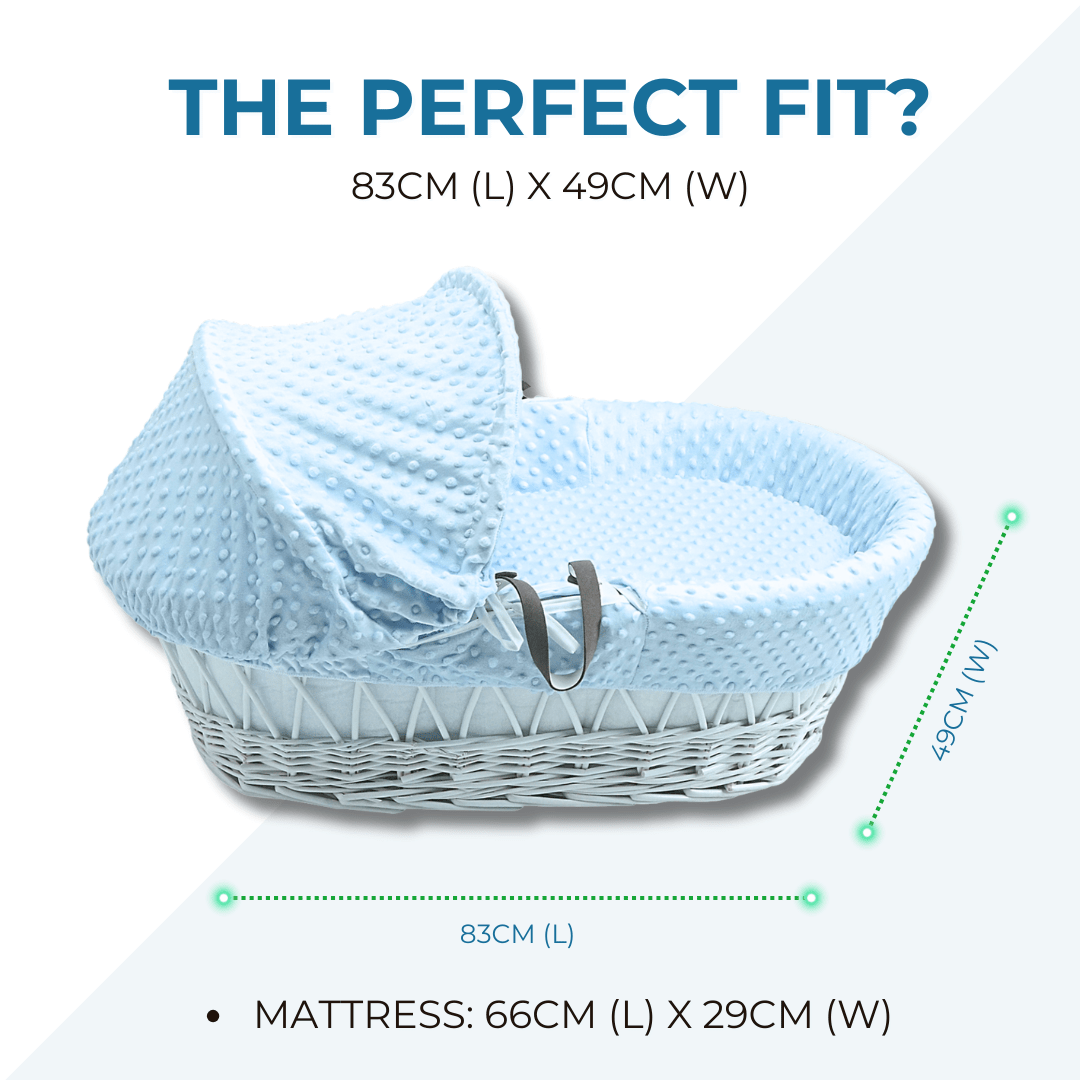 Grey Waffle White Wicker Baby Moses Basket mattress fit guide showing the mattress positioned inside the basket