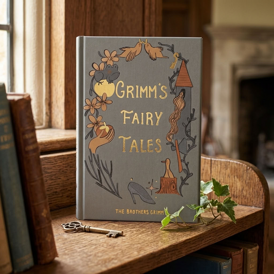 Grimm's Fairy Tales Wordsworth hardback with an antique key on an aged oak bookshelf