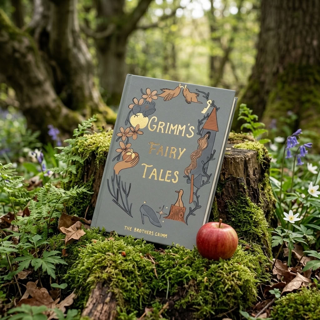 Grimm's Fairy Tales Wordsworth hardback in a mossy woodland setting with a red apple and wildflowers