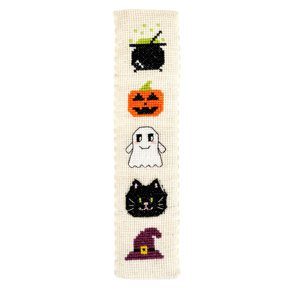 Hallowe'en Cross Stitch Bookmark Kit finished design with cauldron, pumpkin, ghost, black cat and witch's hat