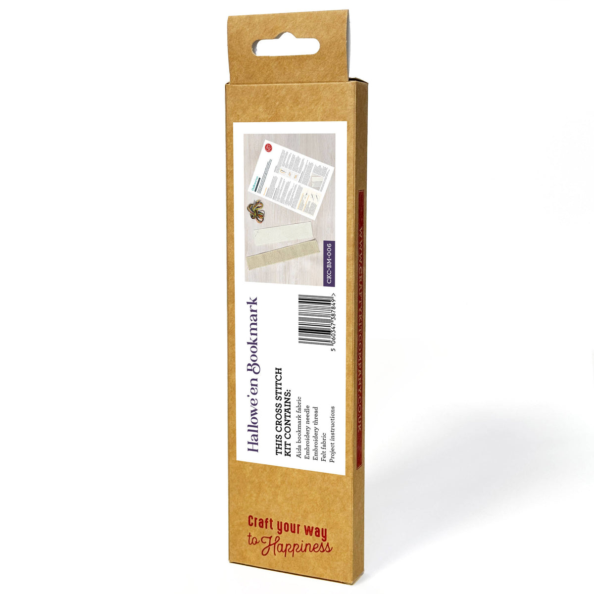 Hallowe'en Cross Stitch Bookmark Kit packaging back showing The Crafty Kit Company product information