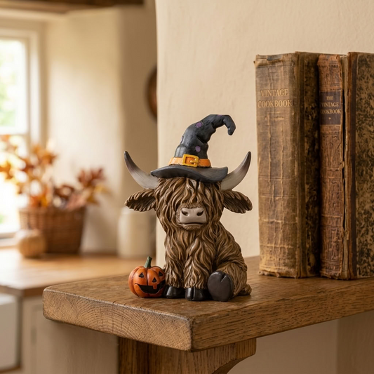 Halloween Highland Cow figurine with crooked witch's hat and small pumpkin displayed beside vintage books on an oak shelf.