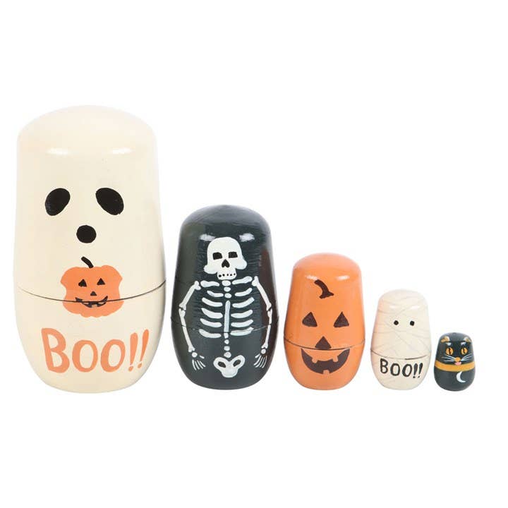 Halloween Russian nesting doll set showing ghost, skeleton, pumpkin, mummy and black cat