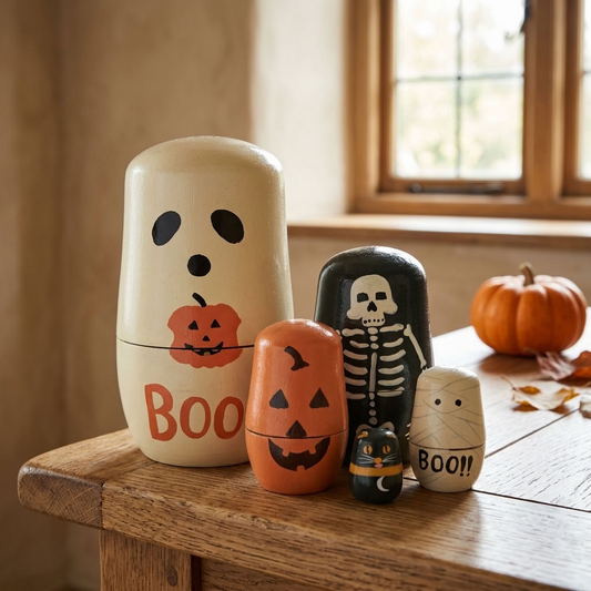 Halloween Russian nesting doll set displayed on a rustic wooden table with autumn pumpkins