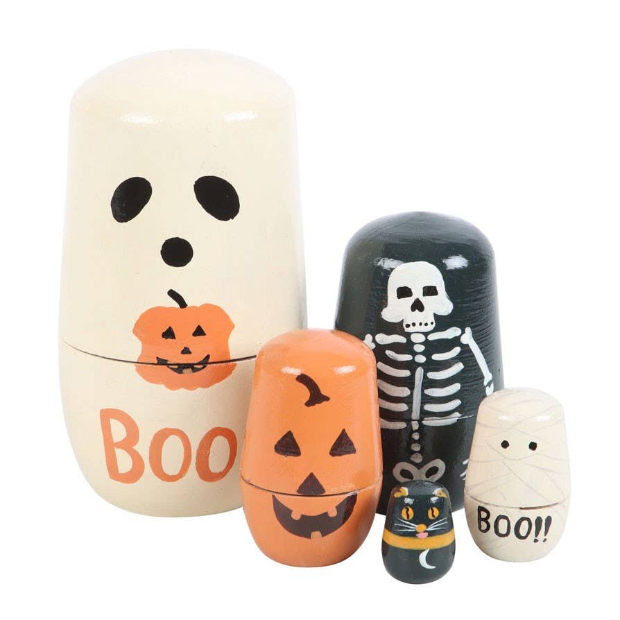 Halloween Russian nesting doll set with five hand-painted wooden spooky characters