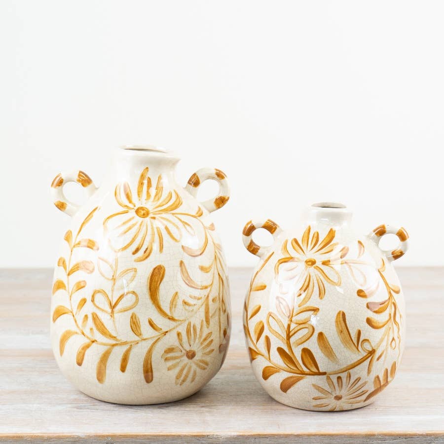 Alternative view of hand-painted ceramic flower vase with ochre floral decoration and twin handles