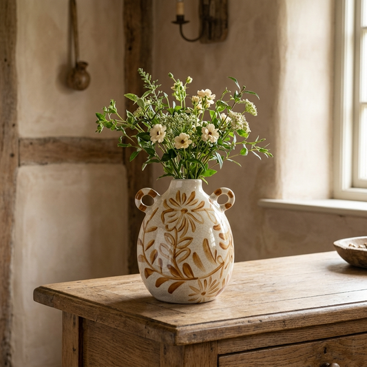 Hand Painted Ceramic Flower Vase with natural foliage styled on a wooden table in an English country cottage