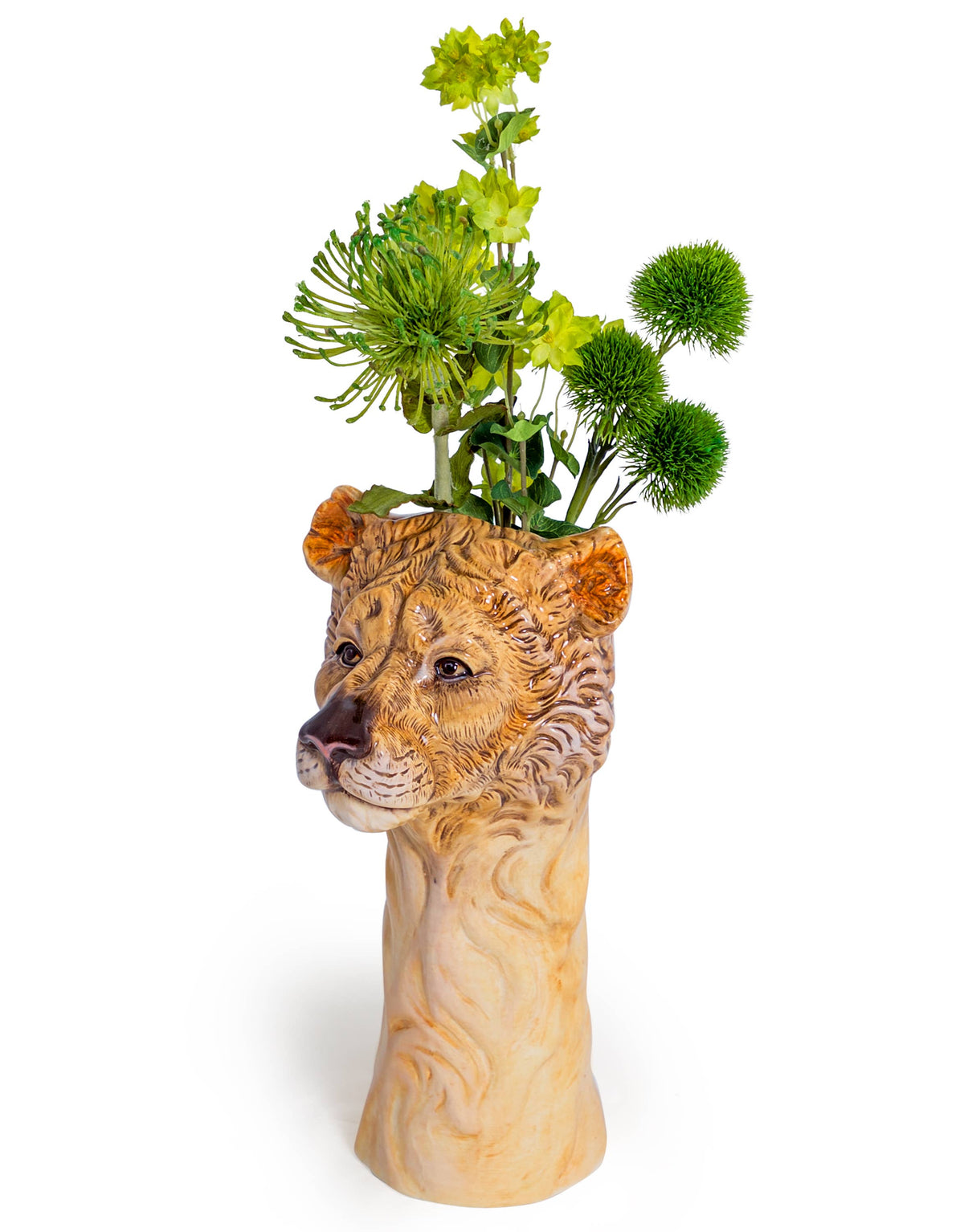 Hand-Painted Ceramic Lioness Head Vase with detailed lioness face, warm natural colouring and green floral arrangement