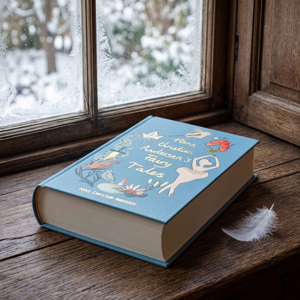 Hans Christian Andersen's Fairy Tales Wordsworth hardback beside a snowy country-house window with a white feather