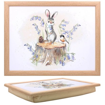 Hare and bird cushioned lap tray with botanical wildlife illustration and wooden-effect frame