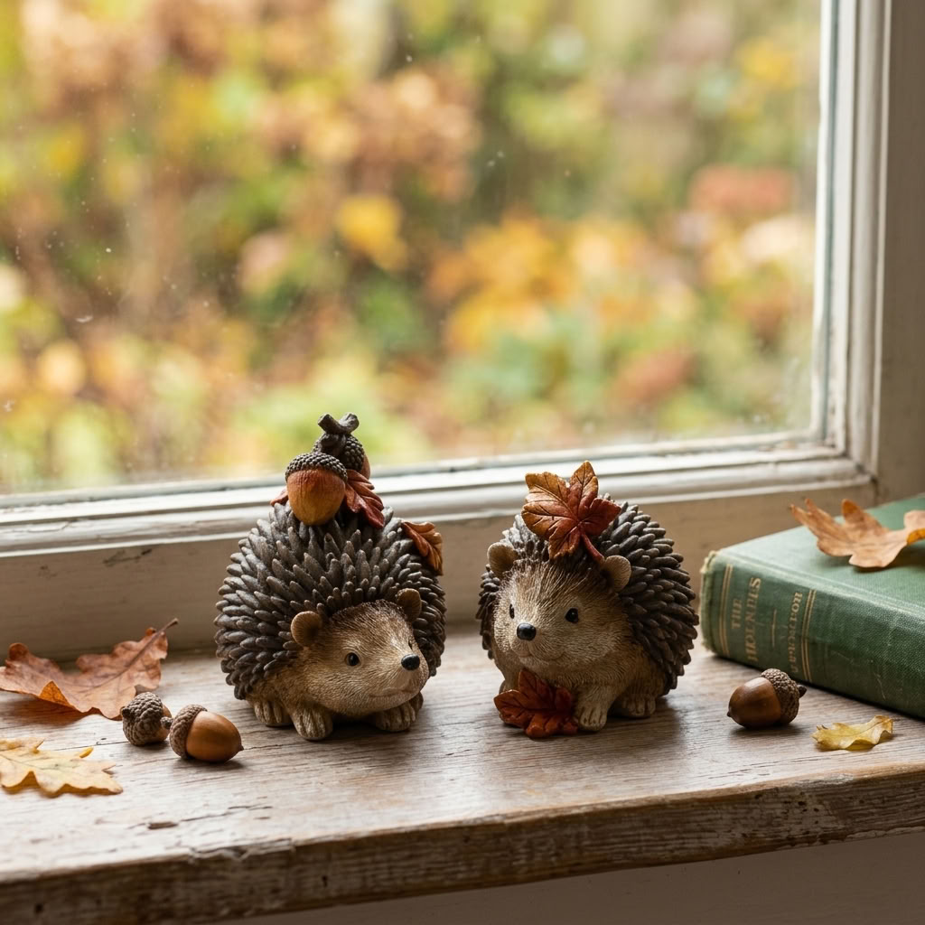 Set of 2 Harvest Hedgehog Autumn Decorations with acorns on a cottage windowsill overlooking an autumn garden