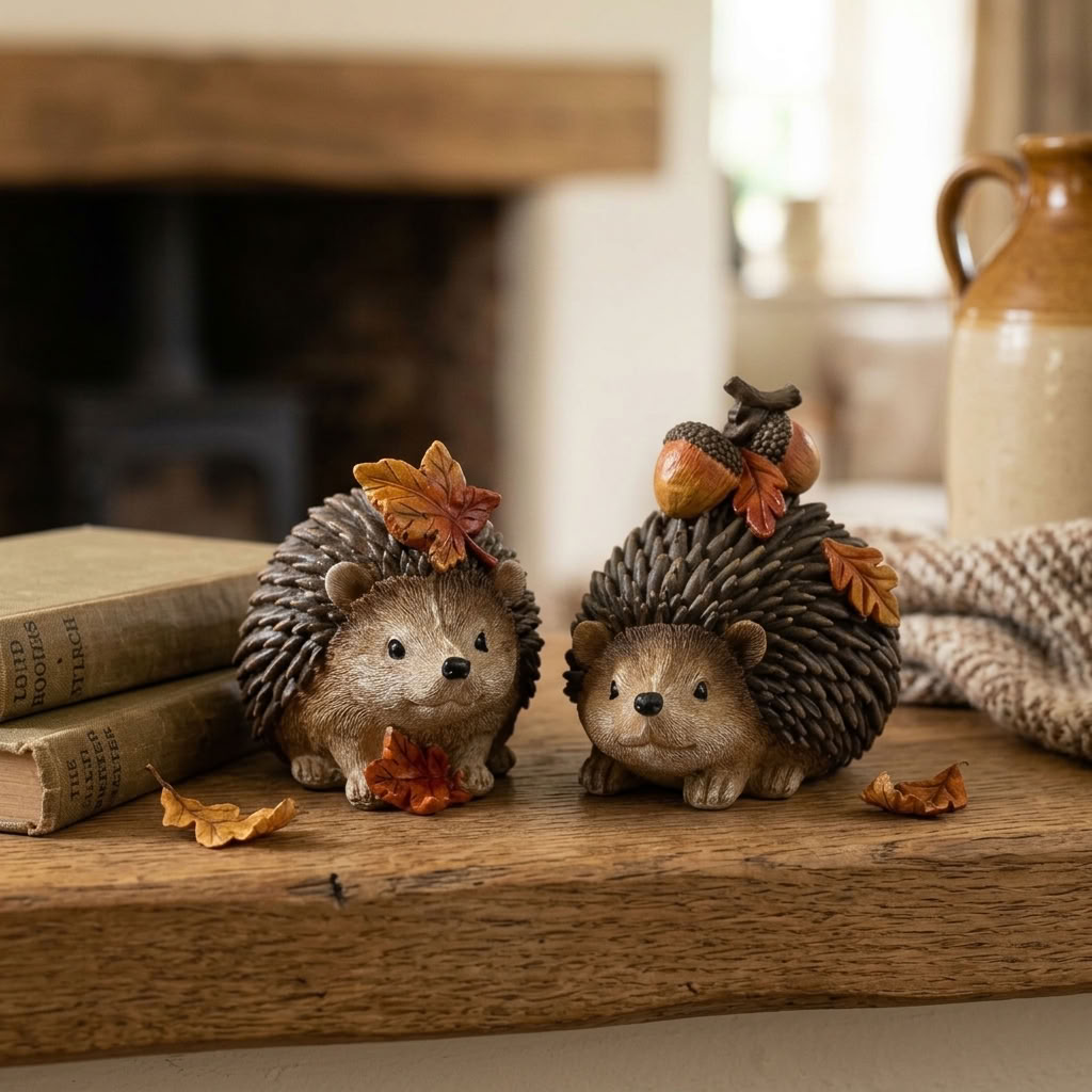 Set of 2 Harvest Hedgehog Autumn Decorations styled with vintage books in a warm English country cottage