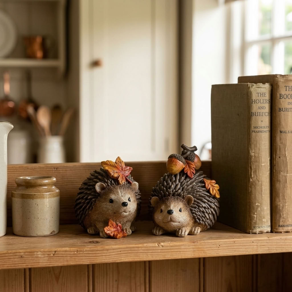 Set of 2 Harvest Hedgehog Autumn Decorations displayed with books on an aged wooden country kitchen dresser