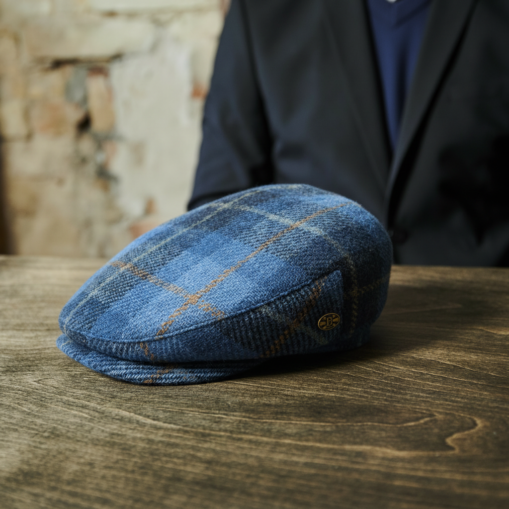 Light Blue Tartan Harris tweed Flat Cap by Bullantic