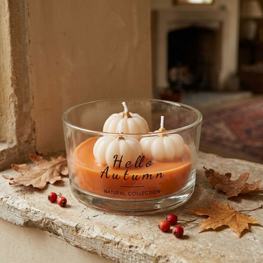 Hello Autumn Pumpkin Candle with orange wax and cream pumpkins styled on an aged stone ledge