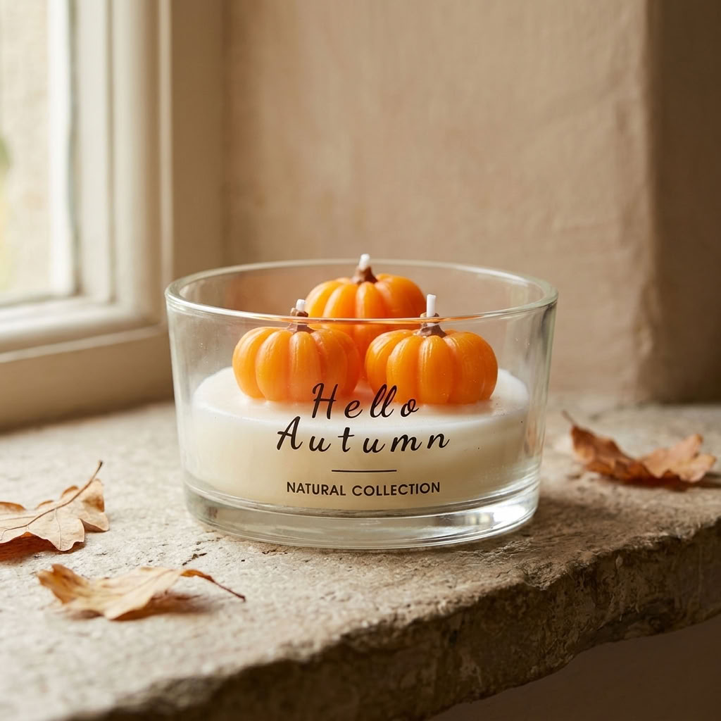 Hello Autumn Pumpkin Candle with cream wax and orange pumpkins styled on an aged stone ledge