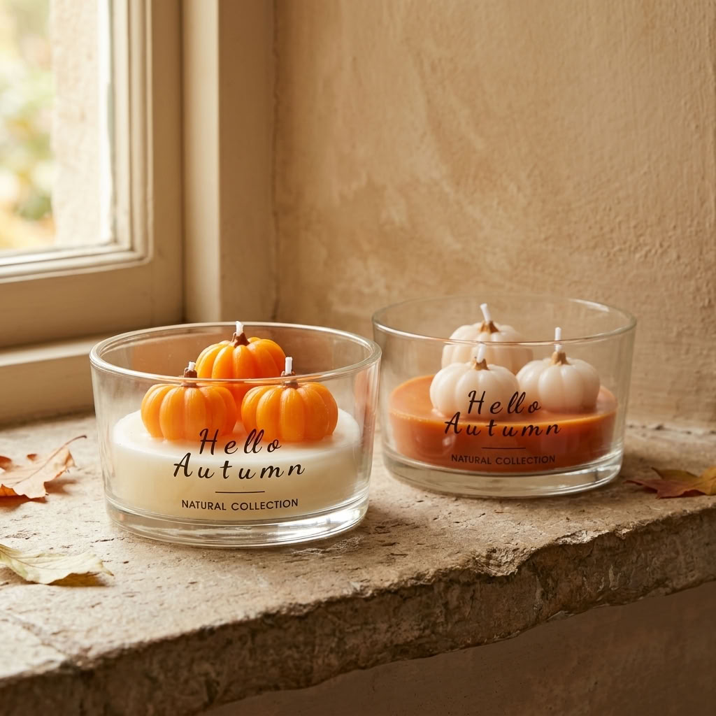 Hello Autumn Pumpkin Candles in both orange and cream pumpkin colourways styled together in a country home