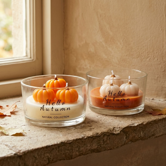 Hello Autumn Pumpkin Candles in both orange and cream pumpkin colourways styled together in a country home