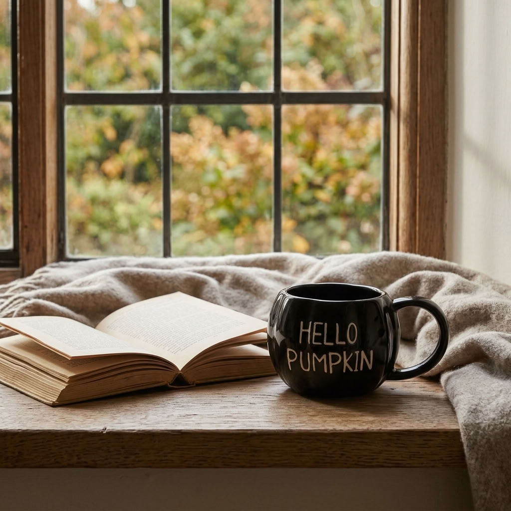Black Hello Pumpkin Mug beside an open book on a country cottage window seat overlooking an autumn garden