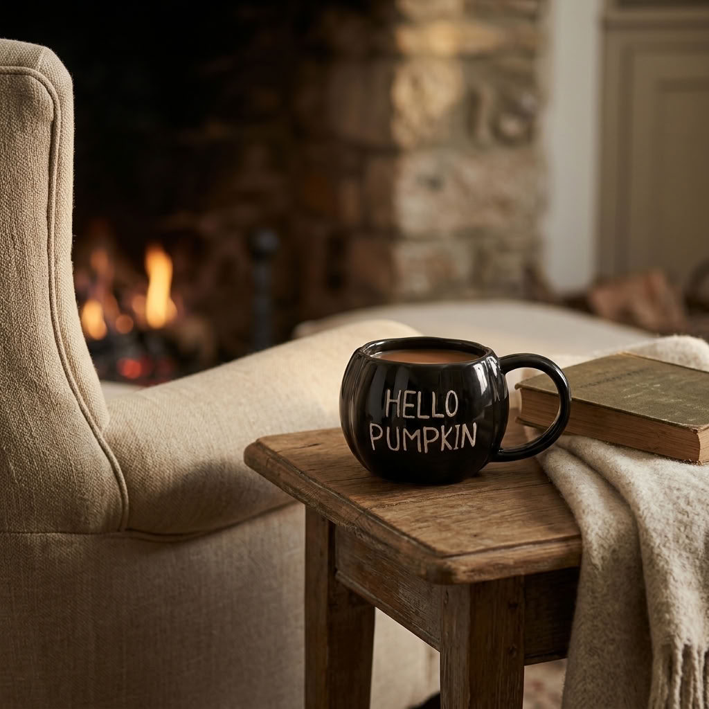 Black Hello Pumpkin Mug with a warm drink on a wooden side table beside a rustic country fireplace