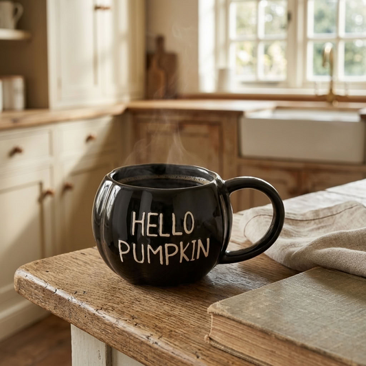 Black Hello Pumpkin Mug styled on an aged wooden table in a warm English country kitchen