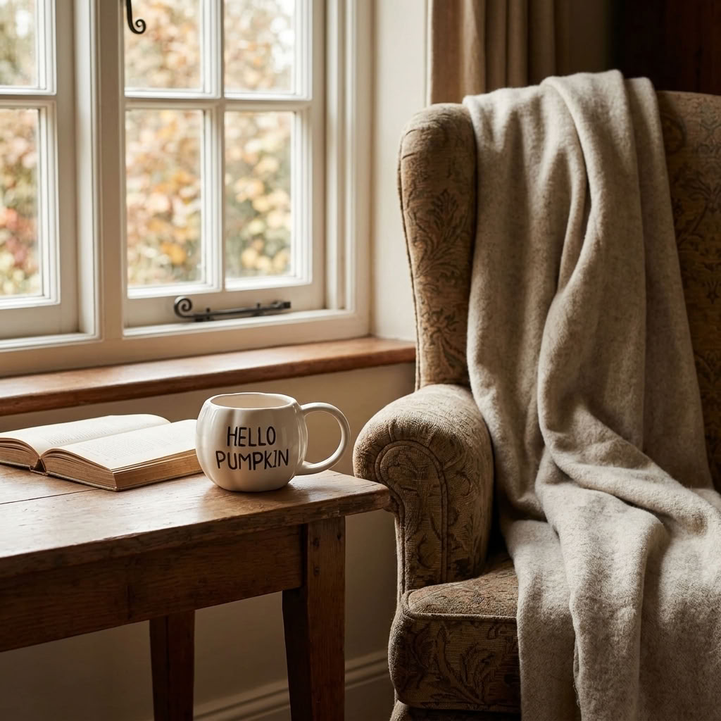 White Hello Pumpkin Mug beside an open book in a cosy country reading nook overlooking an autumn garden