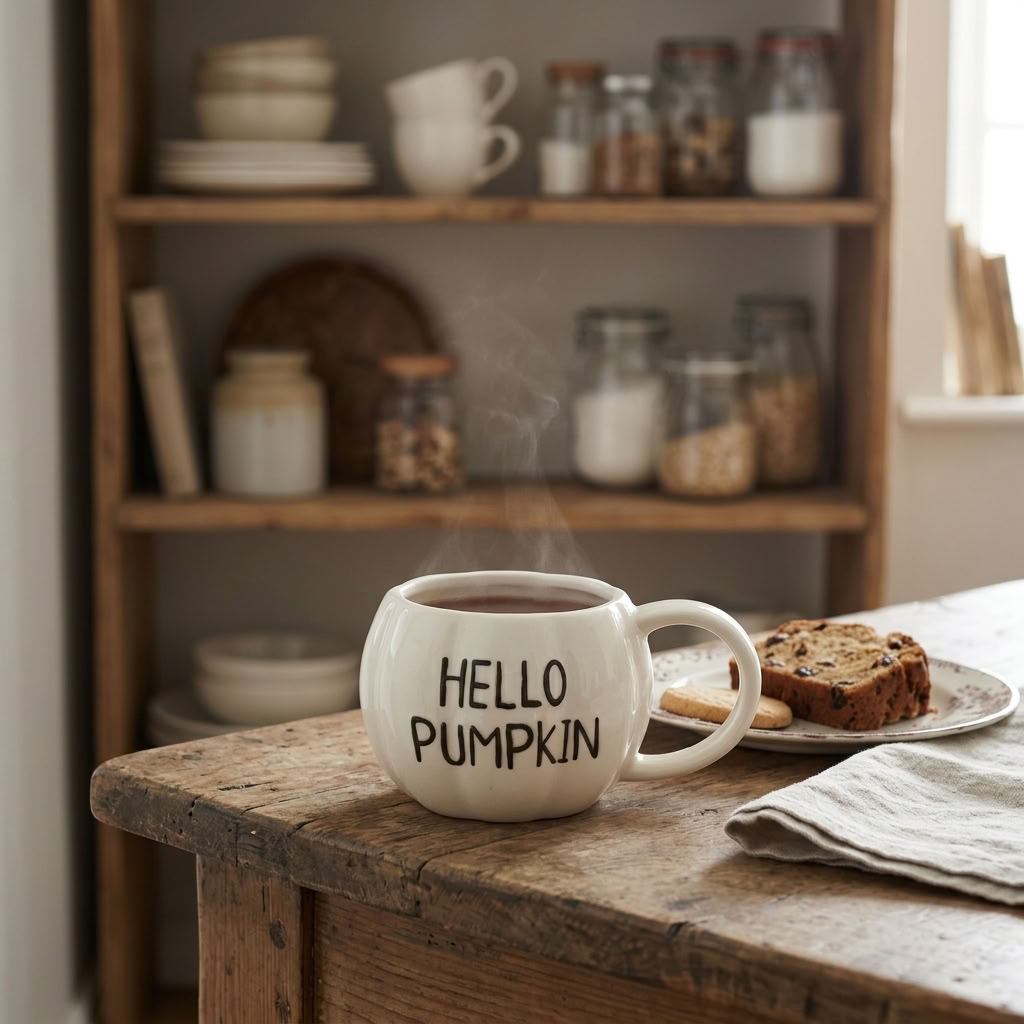 White Hello Pumpkin Mug with a small snack styled on an aged wooden counter in a traditional cottage pantry