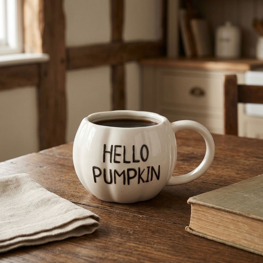 White Hello Pumpkin Mug styled on an aged oak table in a warm English country kitchen