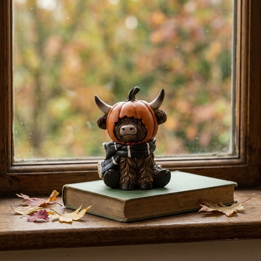 Highland Cow Pumpkin Decoration beside a vintage book on a cottage window ledge with autumn foliage outside