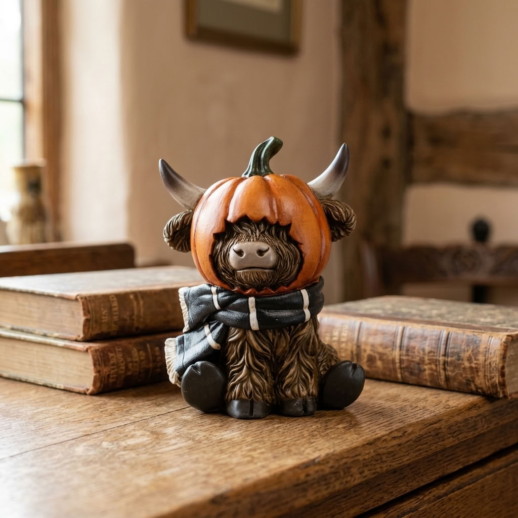 Highland Cow Pumpkin Decoration styled with vintage books on an aged oak dresser in an English country home