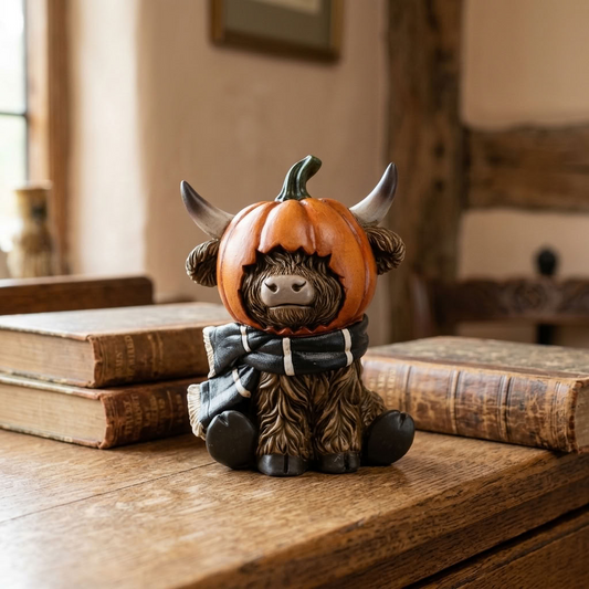 Highland Cow Pumpkin Decoration styled with vintage books on an aged oak dresser in an English country home