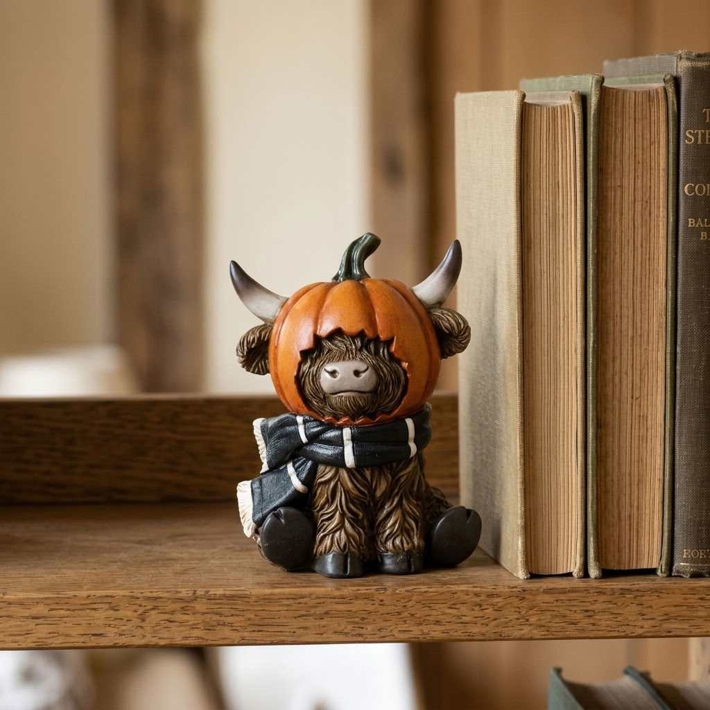 Highland Cow Pumpkin Decoration displayed beside vintage books on an aged oak shelf in a traditional country library