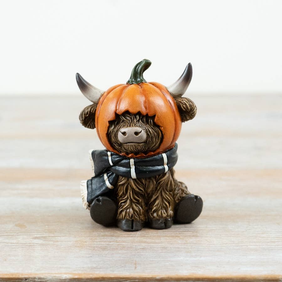 Highland cow pumpkin ornament with orange pumpkin headpiece, 11.5cm