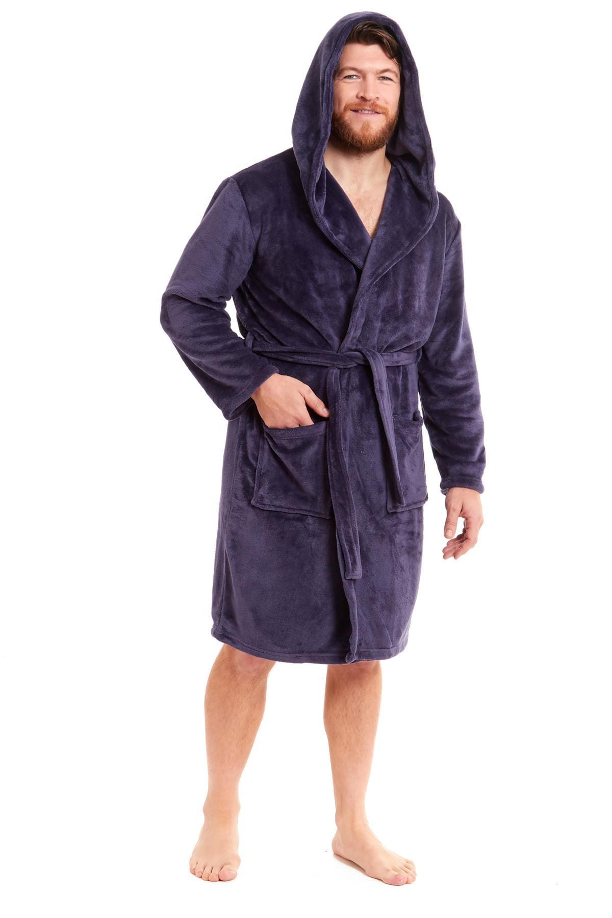 Hooded Ultra-Absorbing Plush Flannel Bathrobe for Men Soft Fleece Warm Dressing Gown by Daisy Dreamer