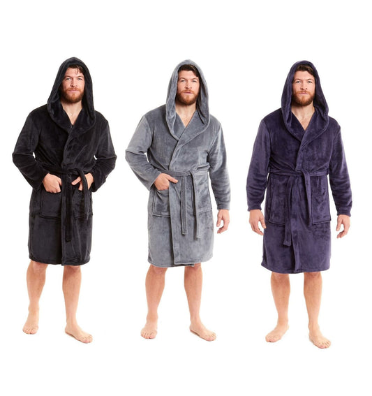 Hooded Ultra-Absorbing Plush Flannel Bathrobe for Men Soft Fleece Warm Dressing Gown by Daisy Dreamer