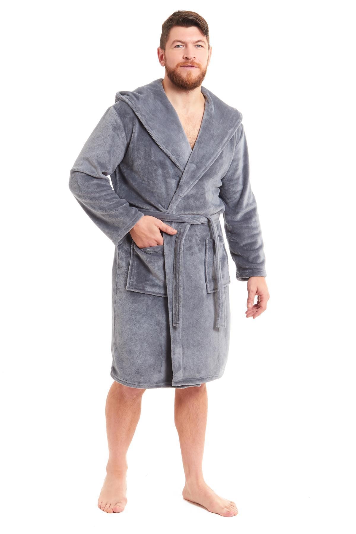 Hooded Ultra-Absorbing Plush Flannel Bathrobe for Men Soft Fleece Warm Dressing Gown by Daisy Dreamer