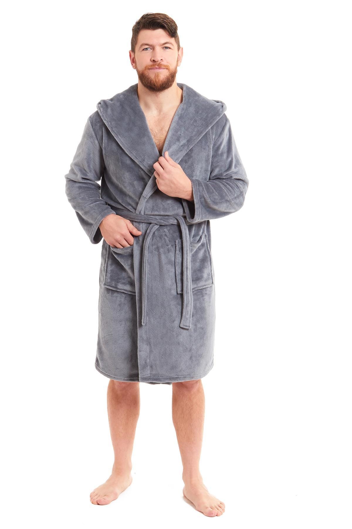 Hooded Ultra-Absorbing Plush Flannel Bathrobe for Men Soft Fleece Warm Dressing Gown by Daisy Dreamer