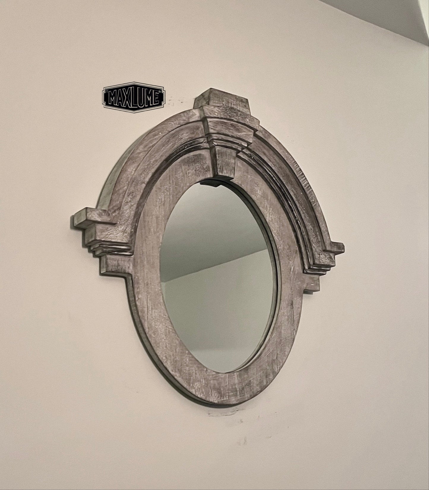 Mansard Architectural Oval Wall Mirror - Distressed Grey Wood Frame by Vintage-Electrical