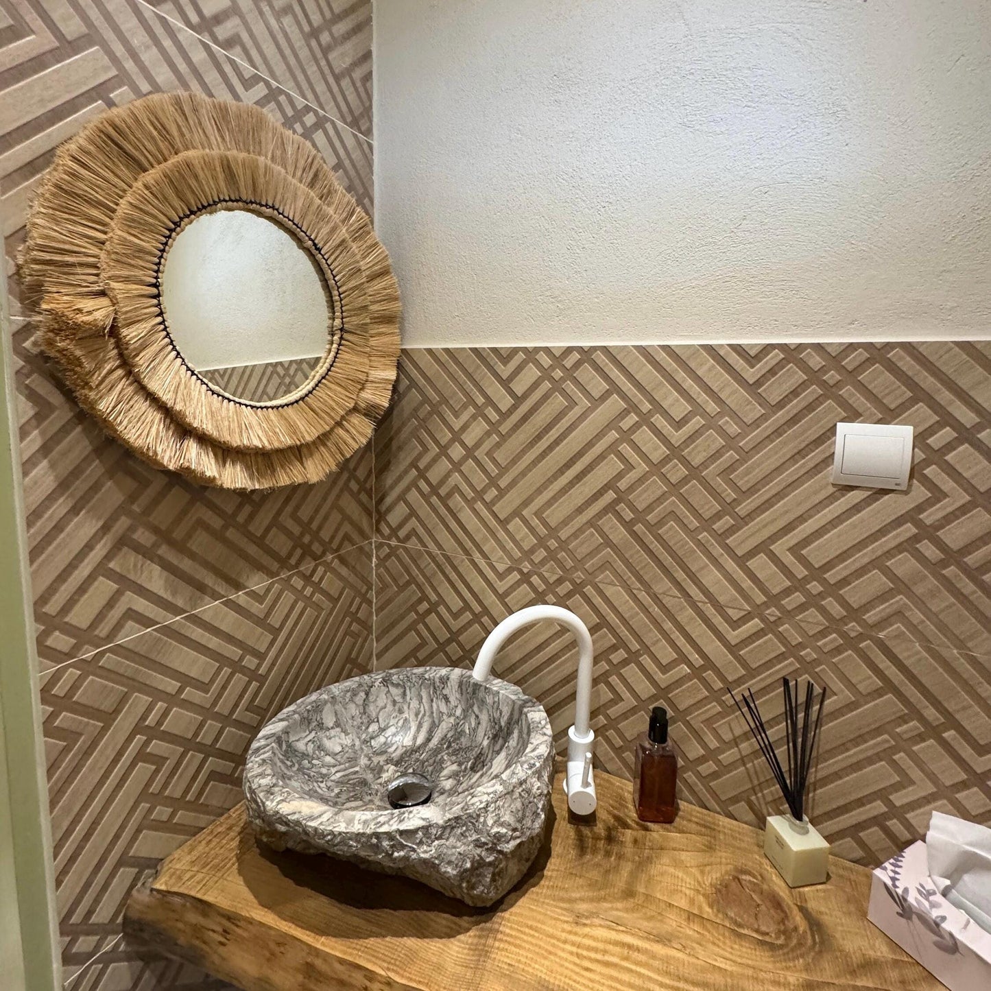 Natural Raffia Coastal Fringe Wall Round Mirror - Boho by Vintage-Electrical
