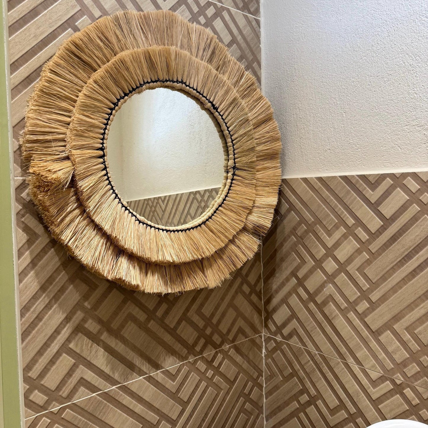 Natural Raffia Coastal Fringe Wall Round Mirror - Boho by Vintage-Electrical