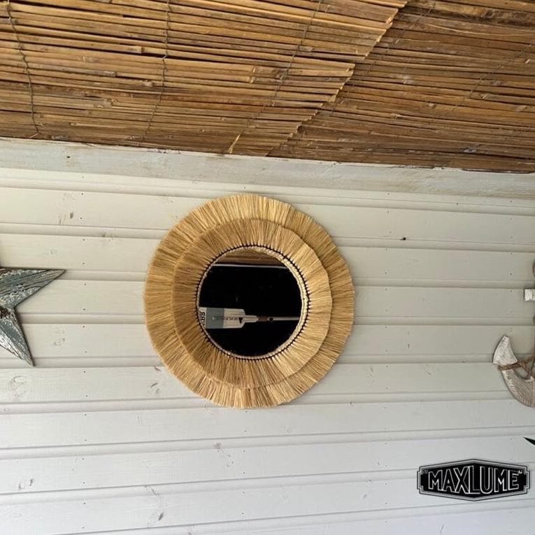 Natural Raffia Coastal Fringe Wall Round Mirror - Boho by Vintage-Electrical