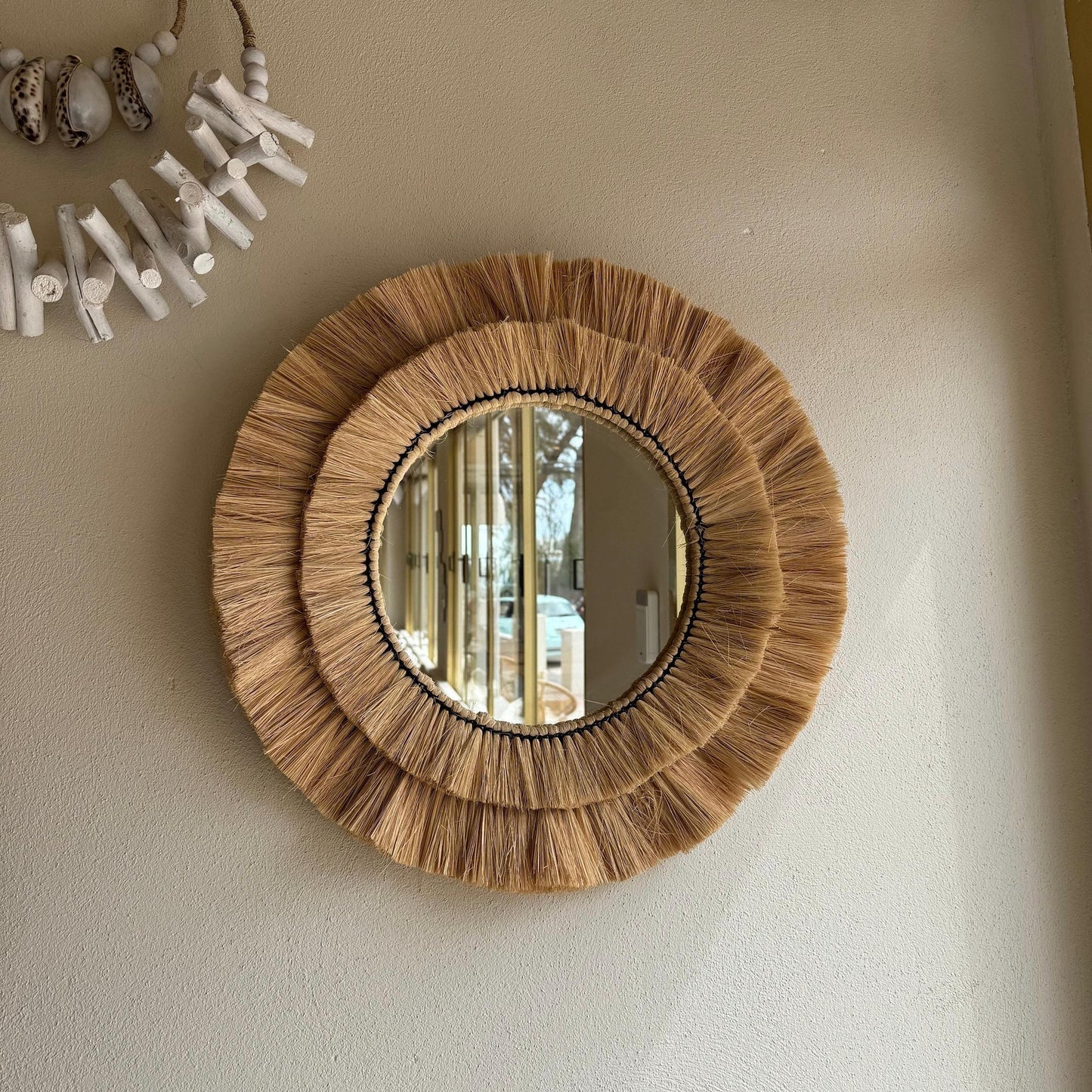 Natural Raffia Coastal Fringe Wall Round Mirror - Boho by Vintage-Electrical