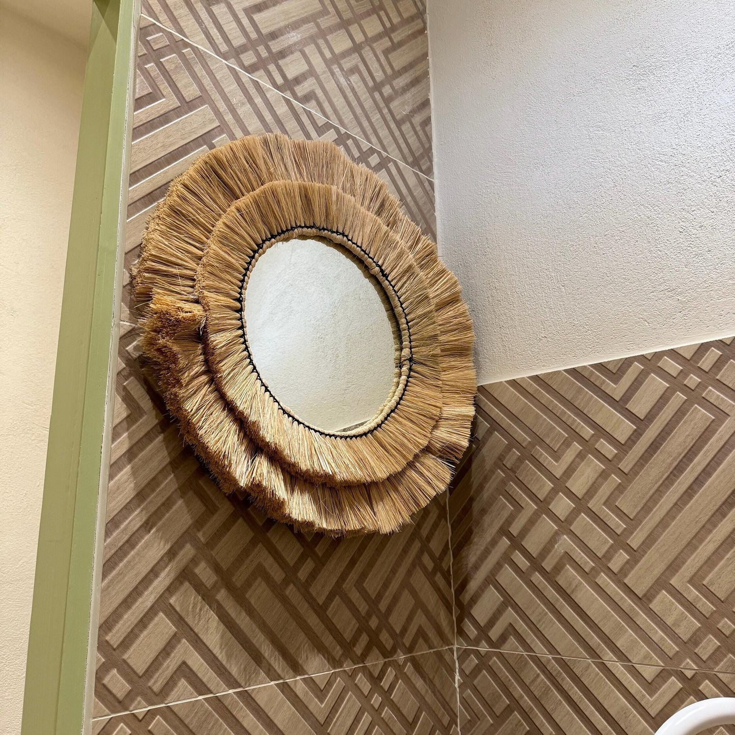 Natural Raffia Coastal Fringe Wall Round Mirror - Boho by Vintage-Electrical