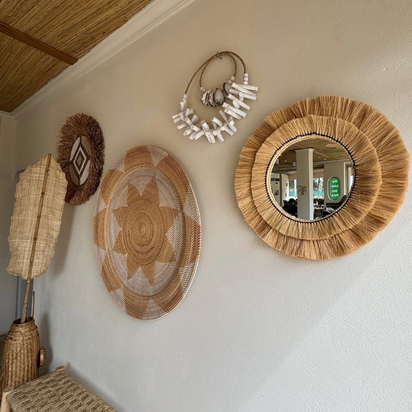 Natural Raffia Coastal Fringe Wall Round Mirror - Boho by Vintage-Electrical