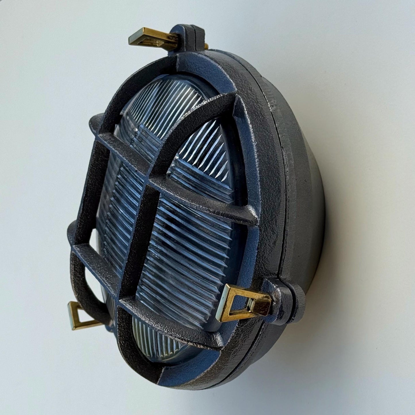 Wroxham ~ Cast Pewter Caged Nautical Bulkhead Wall Light Industrial Ceiling Fixture by Vintage-Electrical