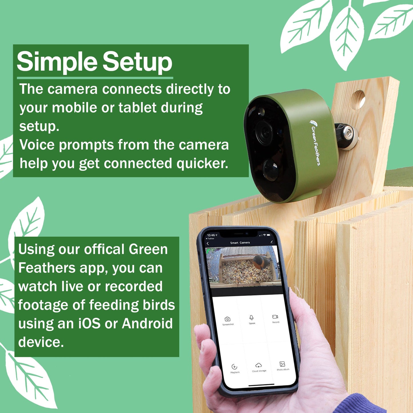 Green Feathers Solar Powered WiFi Camera Wooden Bird Feeder Kit